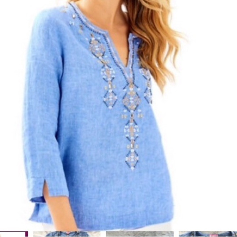 Lilly Pulitzer Amelia Island Tunic Bennet Blue 100% linen embroidered beaded S